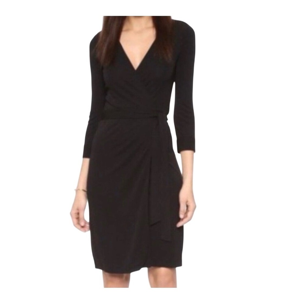 Jones New York Dress Black Wrap Midi 3/4 Sleeve Size 12 classic cool